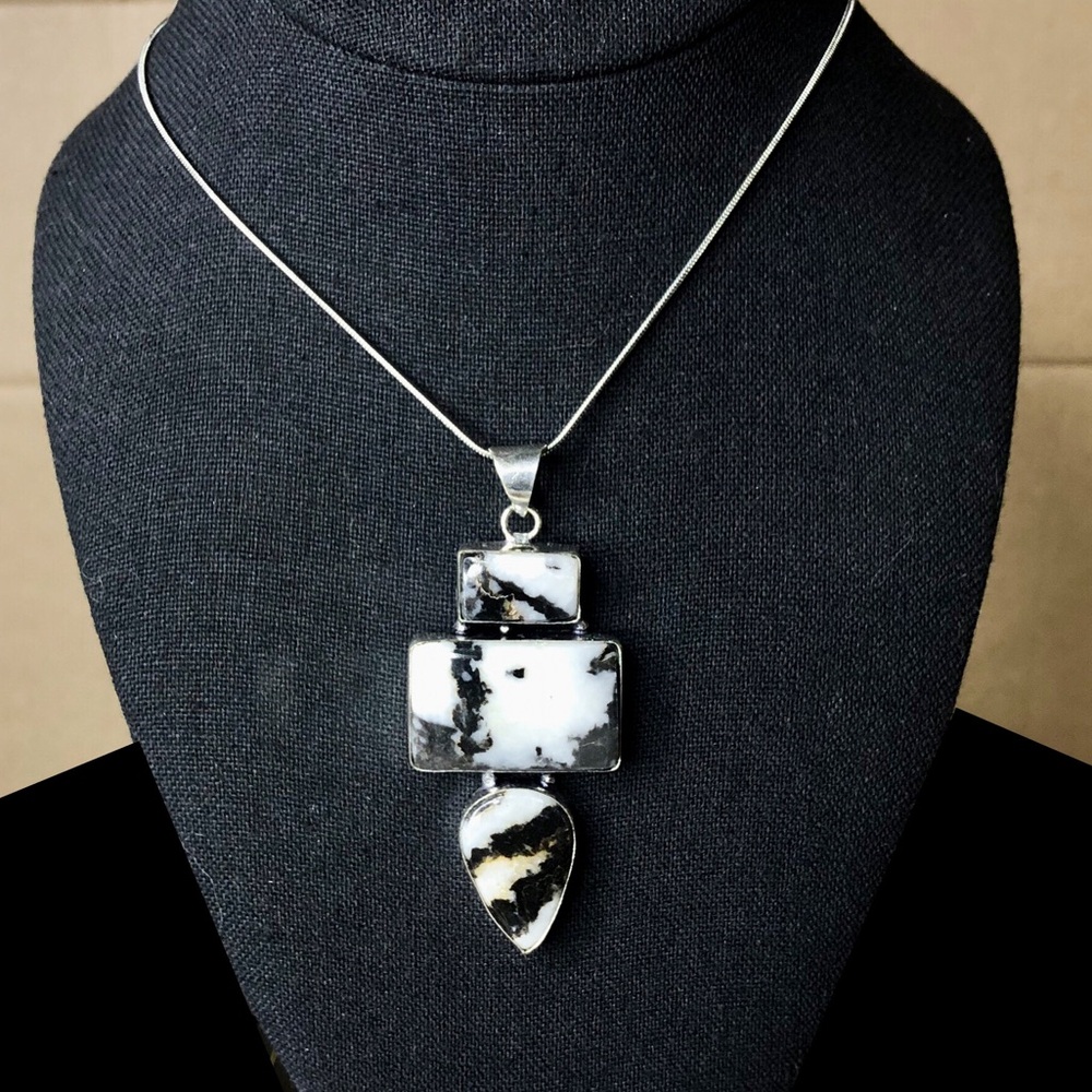 Zebra Striped Jasper Sterling Silver Pendant & Snake Chain Necklace 20”